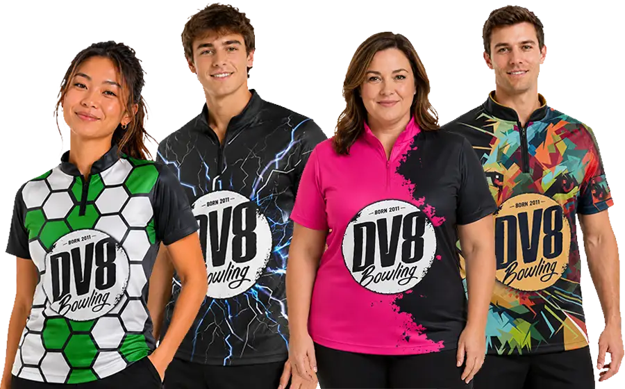 4 athletes wearing Mint Sportswear DV8 Bowling Jerseys