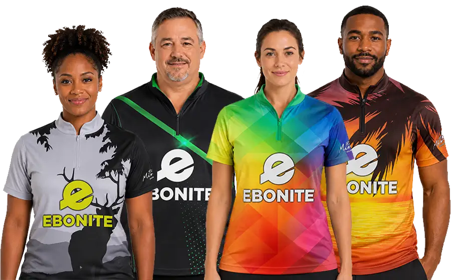 4 athletes wearing Mint Sportswear Ebonite Bowling Jerseys