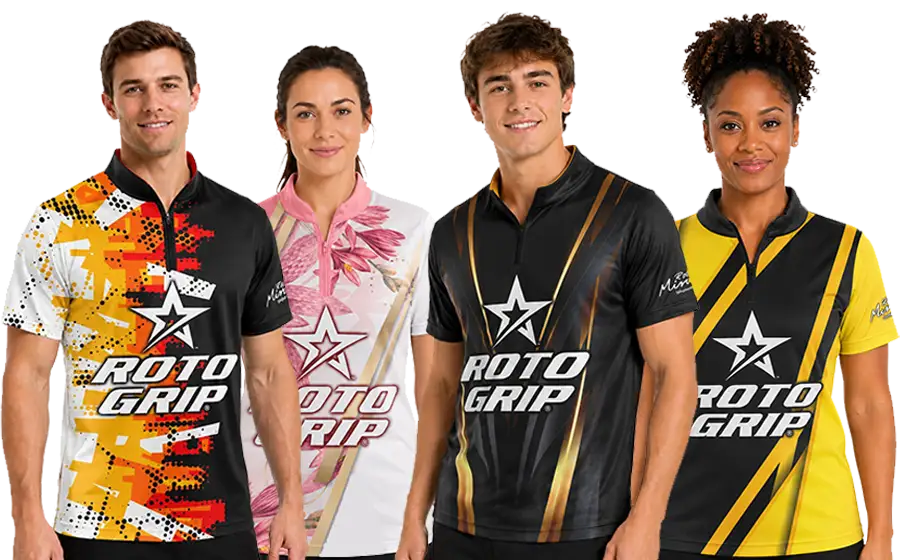 4 athletes wearing Mint Sportswear Roto Grip Bowling Jerseys